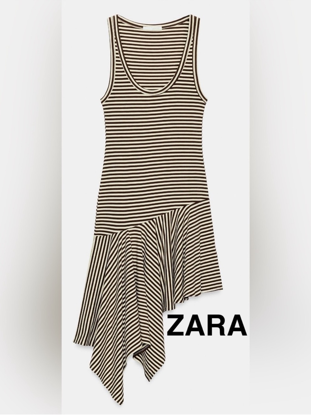 Zara Black and Cream Striped Sleeveless Handkerchief-Hem Dress